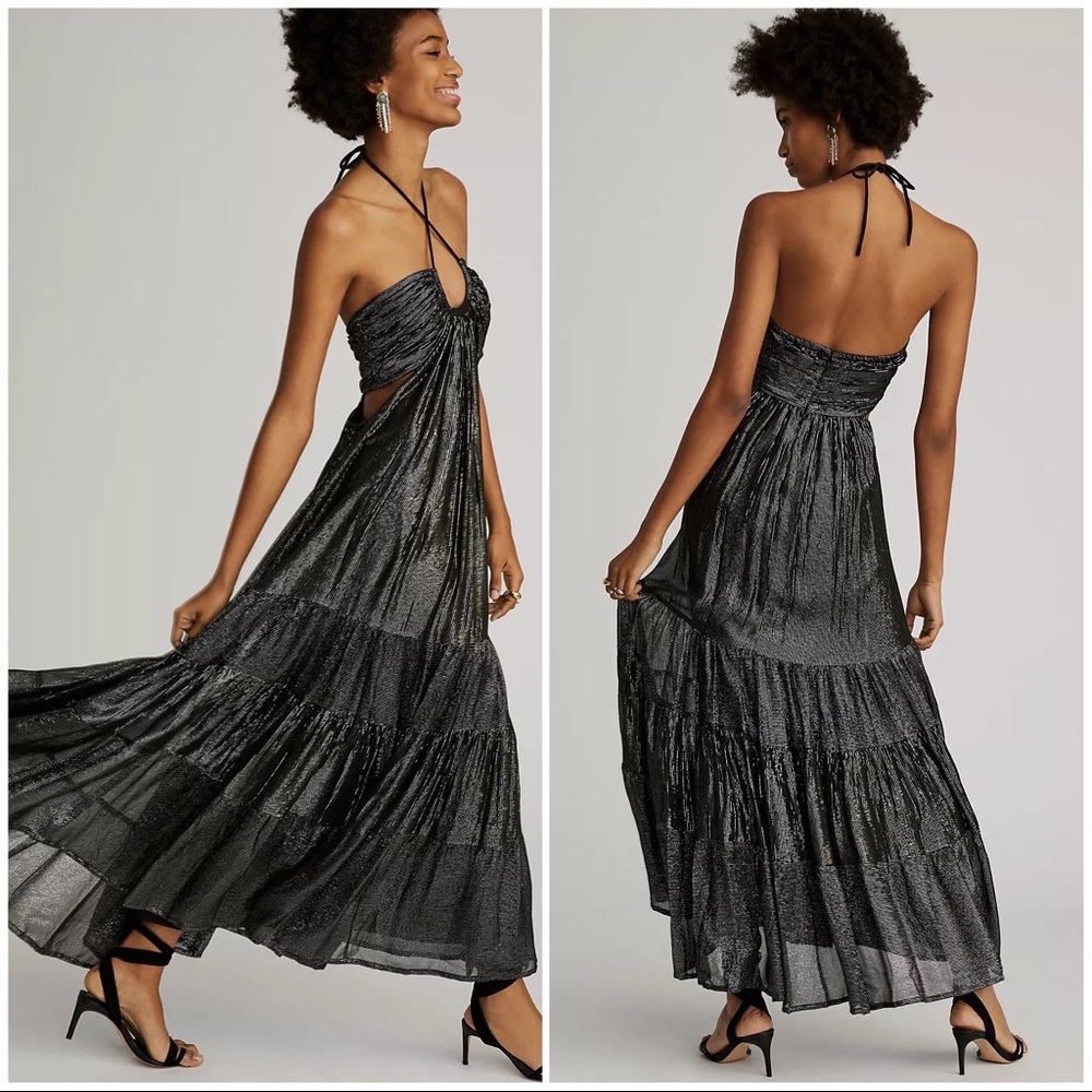 Anthro Verb by Pallavi Singhee Metallic Cutout Backless Tiered Maxi Dress Black